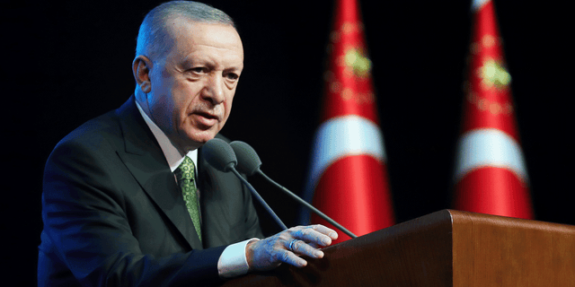 Turkish President Recep Tayyip Erdogan speaks during the final high school students research project competition and award ceremony at the Bestepe People's Congress and Culture Center in Ankara, Turkey, June 2, 2022. 