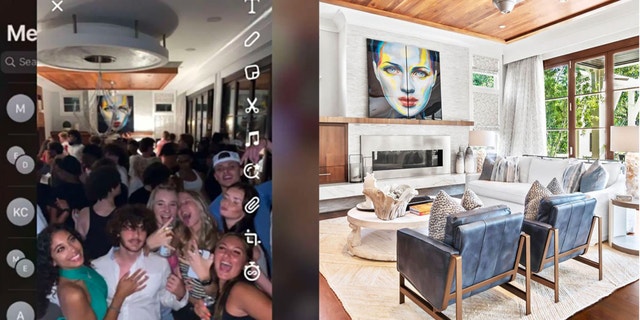 A photo combination of kids partying in the Florida home with photo of the room undisturbed. 