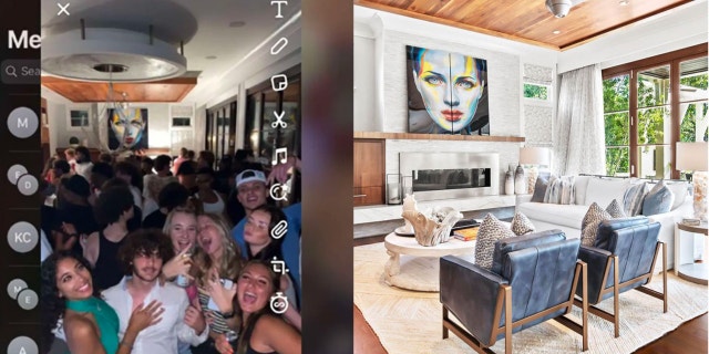A photo combination of kids partying in the Florida home with photo of the room undisturbed.