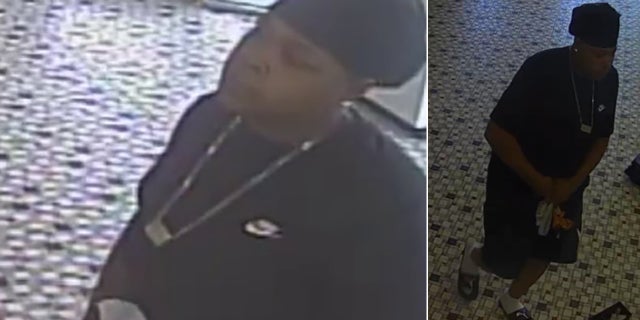 Authorities described the first suspect as a heavy-set female, about 5-feet, 8-inches tall and weighing 200 pounds. She was wearing a black short sleeve t-shirt, large black basketball shorts, a black hair cover (durag), gold necklace with large gold charm, white ankle socks and black slide sandals.