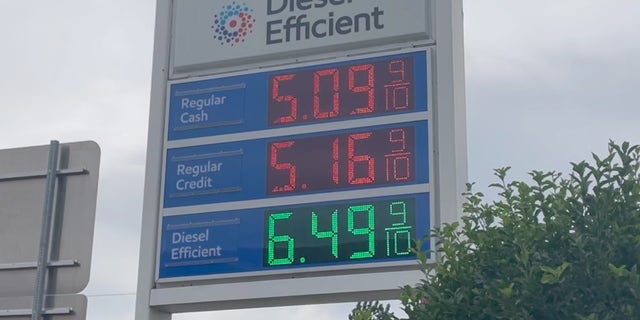 Gas prices have hit a new high at over five dollars a gallon. (Megan Myers/Fox News Digital)