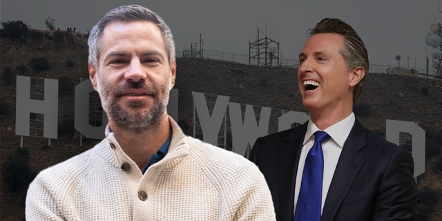 Former California gubernatorial candidate, Michael Shellenberger, and current California Governor Gavin Newsom with the Hollywood sign behind them.
