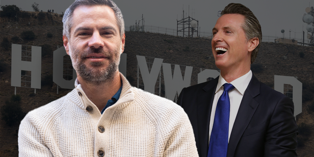 Former California gubernatorial candidate, Michael Shellenberger, and current California Governor Gavin Newsom with the Hollywood sign behind them.