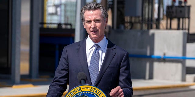 California Governor Gavin Newsom speaks to the media after a tour of a Metropolitan Water District water recycling demonstration facility in Carson, CA. Tuesday, May 17, 2022.  
