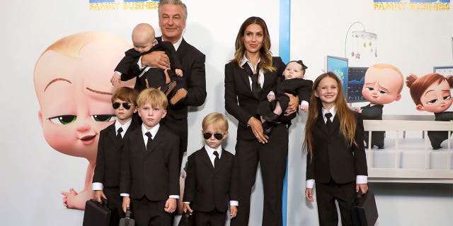 Alec and Hilaria Baldwin are shown with their children at the "The Boss Baby: Family Business" premiere in 2021. They have since welcomed their seventh child together.