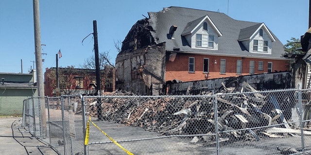 Major damage at the Historic Holly Hotel after a recent fire in Holly, Michigan. 