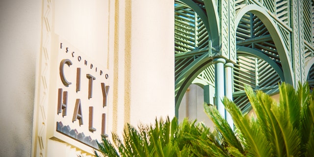 The sign attached to the front of the Escondido City Hall located in northern San Diego County, California.