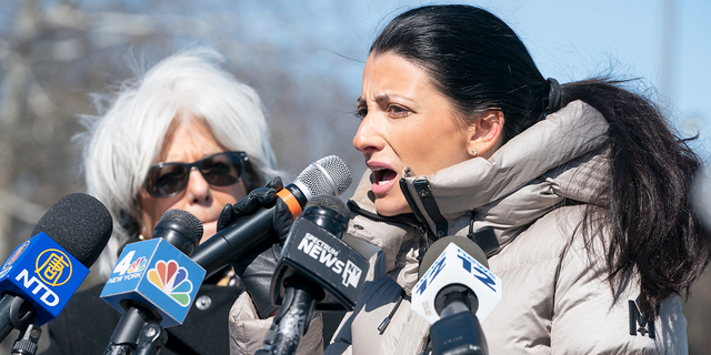 New York City Council member Inna Vernikov (right) speaks at a press conference sponsored by New York City Council Member Vickie Paladino about supporting public sector workers effected by Covid-19 vaccine mandates on Tuesday, March 29, 2022, beside the Unisphere in Flushing Meadows Corona Park Queens, News York. 