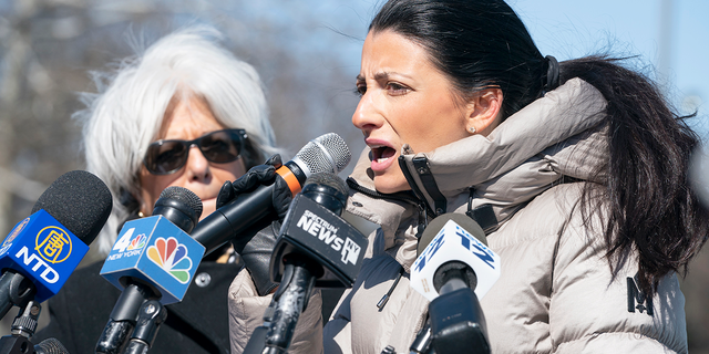 New York City Council member Inna Vernikov (right) speaks at a press conference sponsored by New York City Council Member Vickie Paladino about supporting public sector workers effected by Covid-19 vaccine mandates on Tuesday, March 29, 2022, beside the Unisphere in Flushing Meadows Corona Park Queens, News York. 