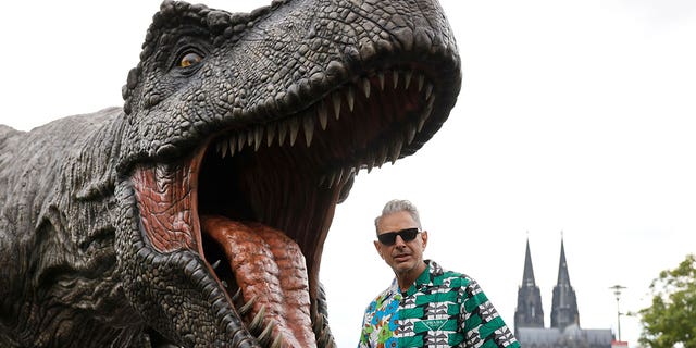 Jeff Goldblum stands in front of a T-Rex figure, with the Cologne Cathedral in the background, during a photocall for "Jurassic World: Dominion," in Cologne, Germany, May 29, 2022.