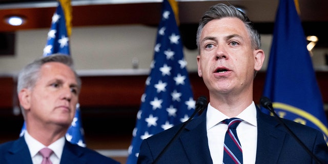 House Minority Leader Kevin McCarthy, California, left, and Rep. Jim Banks, Indiana, hold a press conference on Capitol Hill, Washington, June 9, 2022.