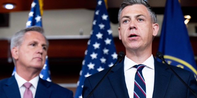 House Minority Leader Kevin McCarthy, R-Calif., left, and Rep. Jim Banks, R-Ind., hold a press conference on Capitol Hill in Washington on June 9, 2022.