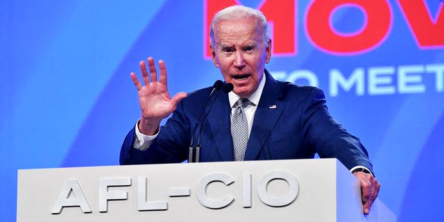 US President Joe Biden speaks at the 29th AFL-CIO Quadrennial Constitutional Convention at the Pennsylvania Convention Center in Philadelphia on June 14, 2022. (Photo by NICHOLAS KAMM/AFP via Getty Images)