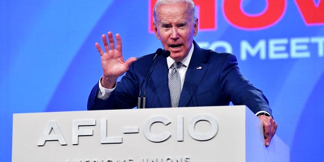 US President Joe Biden speaks at the 29th AFL-CIO Quadrennial Constitutional Convention at the Pennsylvania Convention Center in Philadelphia on June 14, 2022. (Photo by NICHOLAS KAMM/AFP via Getty Images)