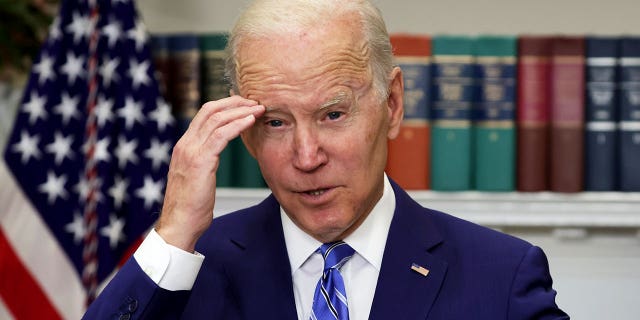 President Joe Biden speaks during an event at the Roosevelt Room of the White House.