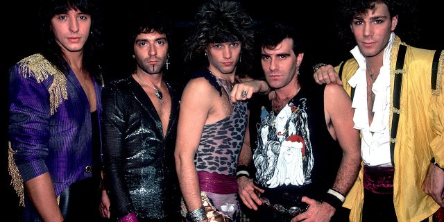 Bon Jovi backstage before a performance at Summerfest, Milwaukee, Wisconsin, June 29, 1985. Pictured are, from left, Alec John Such, Richie Sambora, Jon Bon Jovi, Tico Torres, and David Bryan.