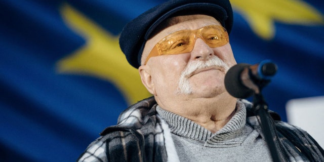 Former Polish President Lech Walesa attends a rally in support of Poland's membership in the European Union in Gdansk, Poland, Oct. 10, 2021.