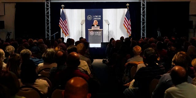 Rep. Liz Cheney, R-Wyo., vice chair of the House Select Committee investigating the Jan. 6 U.S. Capitol insurrection, delivers her "Time for Choosing" speech at the Ronald Reagan Presidential Library and Museum Wednesday, June 29, 2022, in Simi Valley, Calif. The speech is part of a series focusing on the conservative movement to address critical questions facing the future of the Republican Party. (AP Photo/Mark J. Terrill)