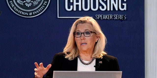 Rep. Liz Cheney delivers her "Time for Choosing" speech at the Ronald Reagan Presidential Library and Museum, June 29, 2022, in Simi Valley, California. The speech is part of a series addressing critical questions facing the Republican Party.