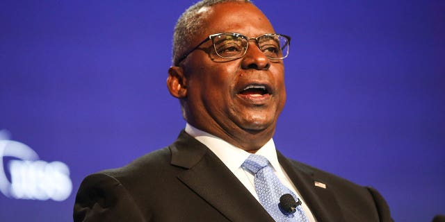 U.S. Defense Secretary Lloyd Austin speaks during a plenary session at the 19th International Institute for Strategic Studies (IISS) Shangri-la Dialogue, Asia's annual defense and security forum, in Singapore, Saturday, June 11, 2022. 