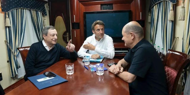 French President Emmanuel Macron, German Chancellor Olaf Scholz and Italian Prime Minister Mario Draghi were seen in a train car together headed for Kyiv, Ukraine Thursday morning.