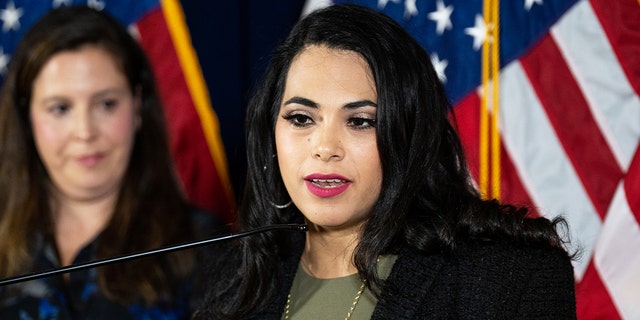 UNITED STATES - MAY 17: Congressional candidate from Texas Mayra Flores speaks during the news conference to announce the formation of the Hispanic Leadership Trust at the Republican National Committee headquarters in Washington on Tuesday, May 17, 2022. 