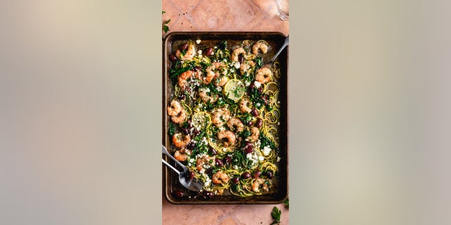Mediterranean Sheet Pan Shrimp and Veggies by Abby Cooper of StemandSpoon.com