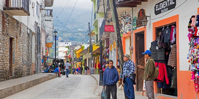 Shops in shopping street in the city Xilitla, San Luis Potosi, Huasteca region, Mexico. 