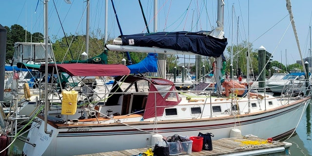 This photo released by the U.S. Coast Guard, shows the sailboat Kyklades. The U.S. Coast Guard is searching for Virginia Beach natives Yanni Nikopoulos and Dale Jones who were aboard the boat and reported overdue after they failed to return when expected from a sailing trip to Portugal’s Azores. 