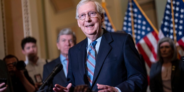 Senate Minority Leader Mitch McConnell, R-Ky., speaks with reporters following a closed-door policy lunch at the Capitol in Washington, D.C., on Nov. 15, 2022.