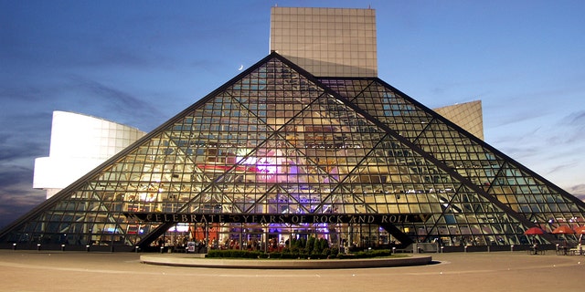 The Rock and Roll Hall of Fame at twilight at the Rock and Roll Hall of Fame and Museum in Cleveland, Ohio.