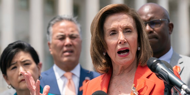 House Speaker Nancy Pelosi of Calif., together with other Democratic leaders, speaks during a news conference on Capitol Hill in Washington, Wednesday, June 8, 2022. 