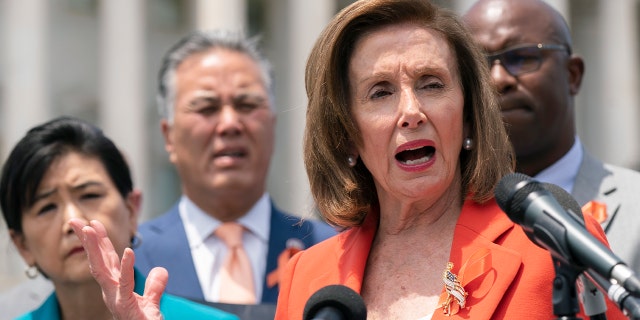 House Speaker Nancy Pelosi, D-Calif., with other Democratic leaders, speaks during a news conference on Capitol Hill in Washington June 8, 2022. 