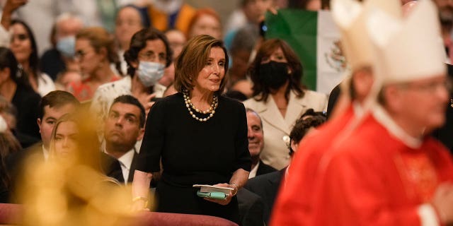 Speaker of the House Nancy Pelosi, D-Calif., looks at Pope Francis as he celebrates a Mass on the Solemnity of Saints Peter and Paul, in St. Peter's Basilica at the Vatican, Wednesday, June 29, 2022.