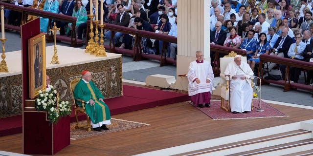 Pope Francis presides over a mass celebrated by U.S. Cardinal Kevin Joseph Farrell in St. Peter's Square at the Vatican for the participants into the World Meeting of Families in Rome, Saturday, June 25, 2022. The World Meeting of Families was created by Pope John Paul II in 1994 and celebrated every three years since then in different cities. (AP Photo/Andrew Medichini)