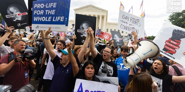 Pro-life crowd cheers over SCOTUS decision.