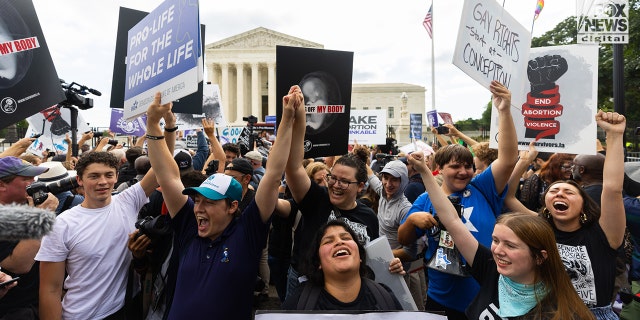 Pro-life crowd outside the court reacting to the SCOTUS decision.