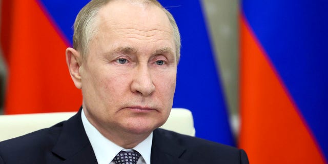 Russian President Vladimir Putin takes part in the BRICS Business Forum via videoconference at the Novo-Ogaryovo residence outside of Moscow.