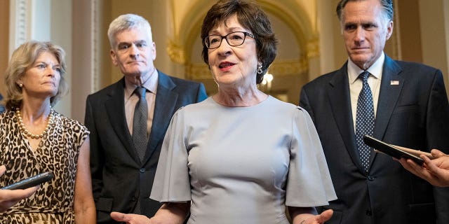 Sen. Lisa Murkowski (R-AK), Sen. Bill Cassidy (R-LA), Sen. Susan Collins (R-ME) and Sen. Mitt Romney (R-UT) speak to reporters after meeting privately with Senate Minority Leader Mitch McConnell (R-KY) at the U.S. Capitol on July 28, 2021 in Washington, DC. (Photo by Drew Angerer/Getty Images)