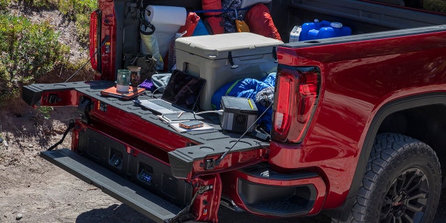 GMC's Multi-Pro tailgate can be opened in a variety of configurations.