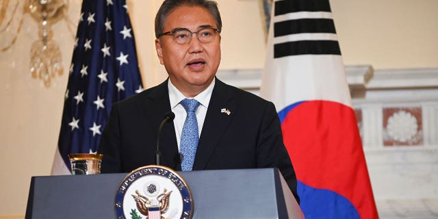 South Korean Foreign Minister Park Jin speaks during a news conference with Secretary of State Antony Blinken at the State Department in Washington, Monday, June 13, 2022. (Roberto Schmidt/Pool via G3 Box News)