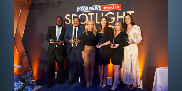 ‘America’s Newsroom’ and ‘The Five’s’ Dana Perino with Rising Stars award recipients, from left to right: Emmett Jones, Reynaldo Osoria, Taryn Rostovsky, Kristen Altus and Samantha Snellings.