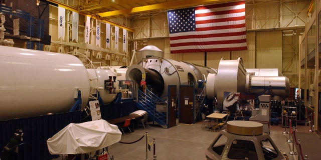 Exterior view of a mockup of the International Space Station (ISS) at the Johnson Space Center in Houston.