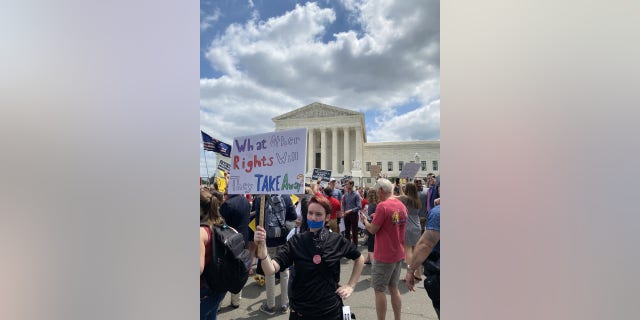 A pro-choice activist holds a sign that says, "What other rights will they take away?"