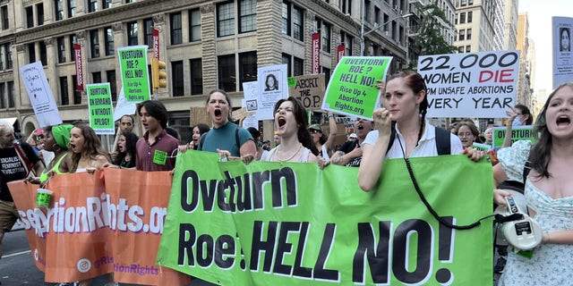 Protesters hold a green sign protesting Roe vs. Wade being overturned in New York City.