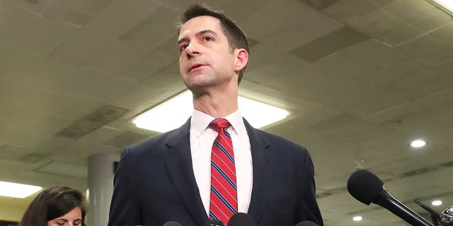 Sen. Tom Cotton (R-AR) speaks to the media after attending a briefing with administration officials about the situation with Iran, at the U.S. Capitol on January 8, 2020 in Washington, DC. .  