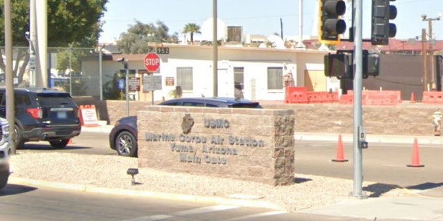 The entrance to Marine Corps Air Station Yuma, in Yuma, Arizona. Local reports said a military aircraft crashed nearby in California. 