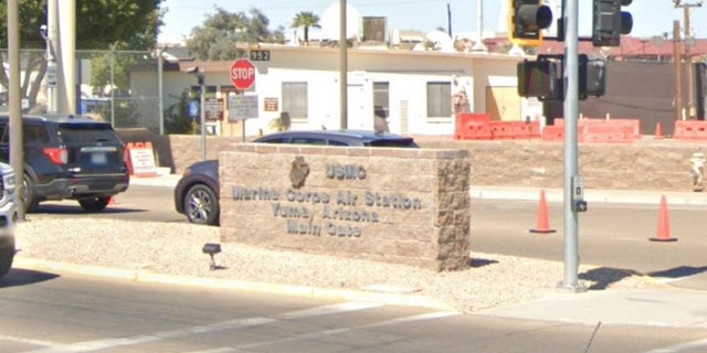 The entrance to Marine Corps Air Station Yuma, in Yuma, Arizona. Local reports said a military aircraft crashed nearby in California.