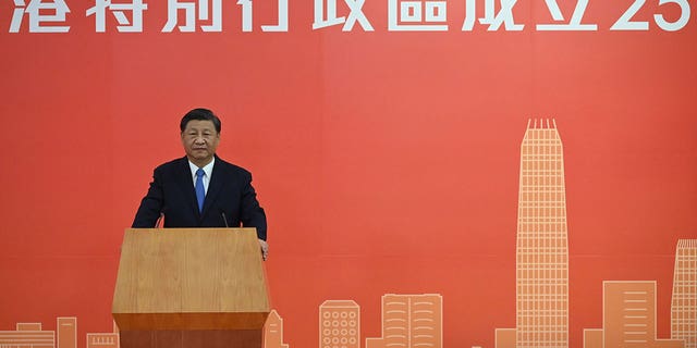 China's President Xi Jinping delivers a speech after arriving for the upcoming handover anniversary by train in Hong Kong, Thursday, June 30, 2022. Xi has arrived in Hong Kong ahead of the 25th anniversary of the British handover and after a two-year transformation bringing the city more tightly under Communist Party control. 