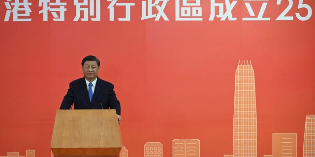 China's President Xi Jinping delivers a speech after arriving for the upcoming handover anniversary by train in Hong Kong, Thursday, June 30, 2022. Xi has arrived in Hong Kong ahead of the 25th anniversary of the British handover and after a two-year transformation bringing the city more tightly under Communist Party control. 